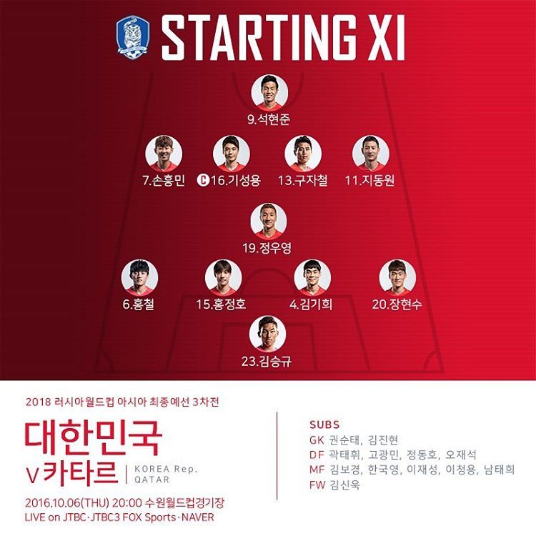 대한민국 국가대표팀 라인업 (vs 카타르, 러시아 월드컵 아시아 최종예선 A조 3차전) | 인스티즈